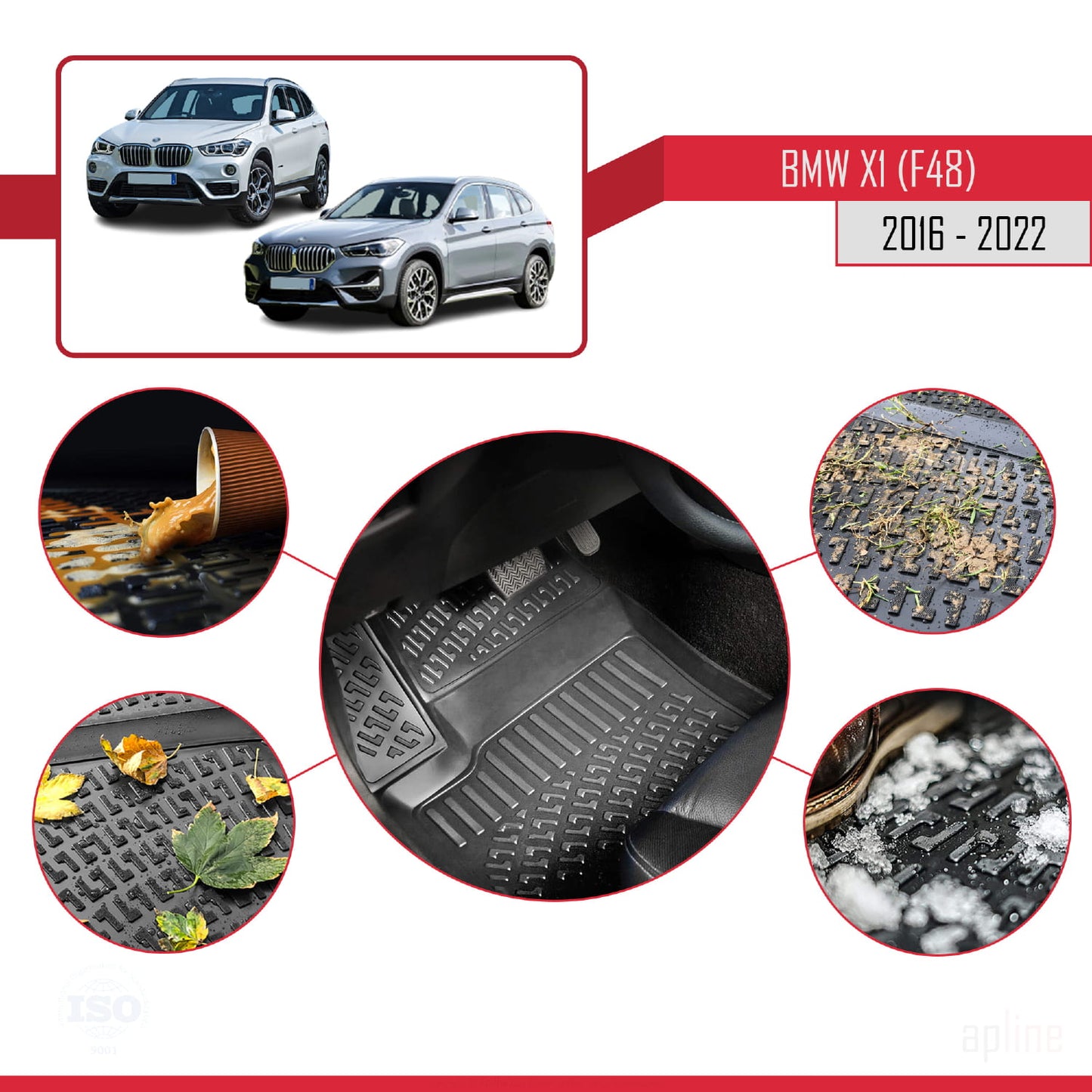 Compatible avec BMW X1 (F48) 2016-2022 4D Tapis de Voiture Noir