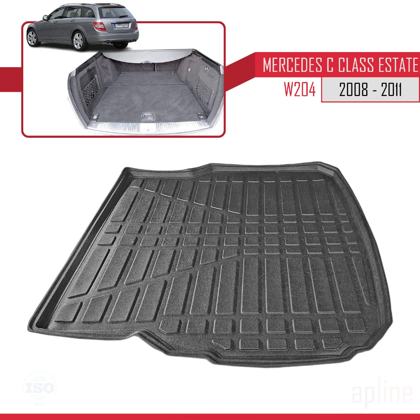 Compatible avec Mercedes Classe C 3 (S204) Pre-Facelift 2008-2011 Flexible Tapis de Coffre Plancher de Chargement Noir