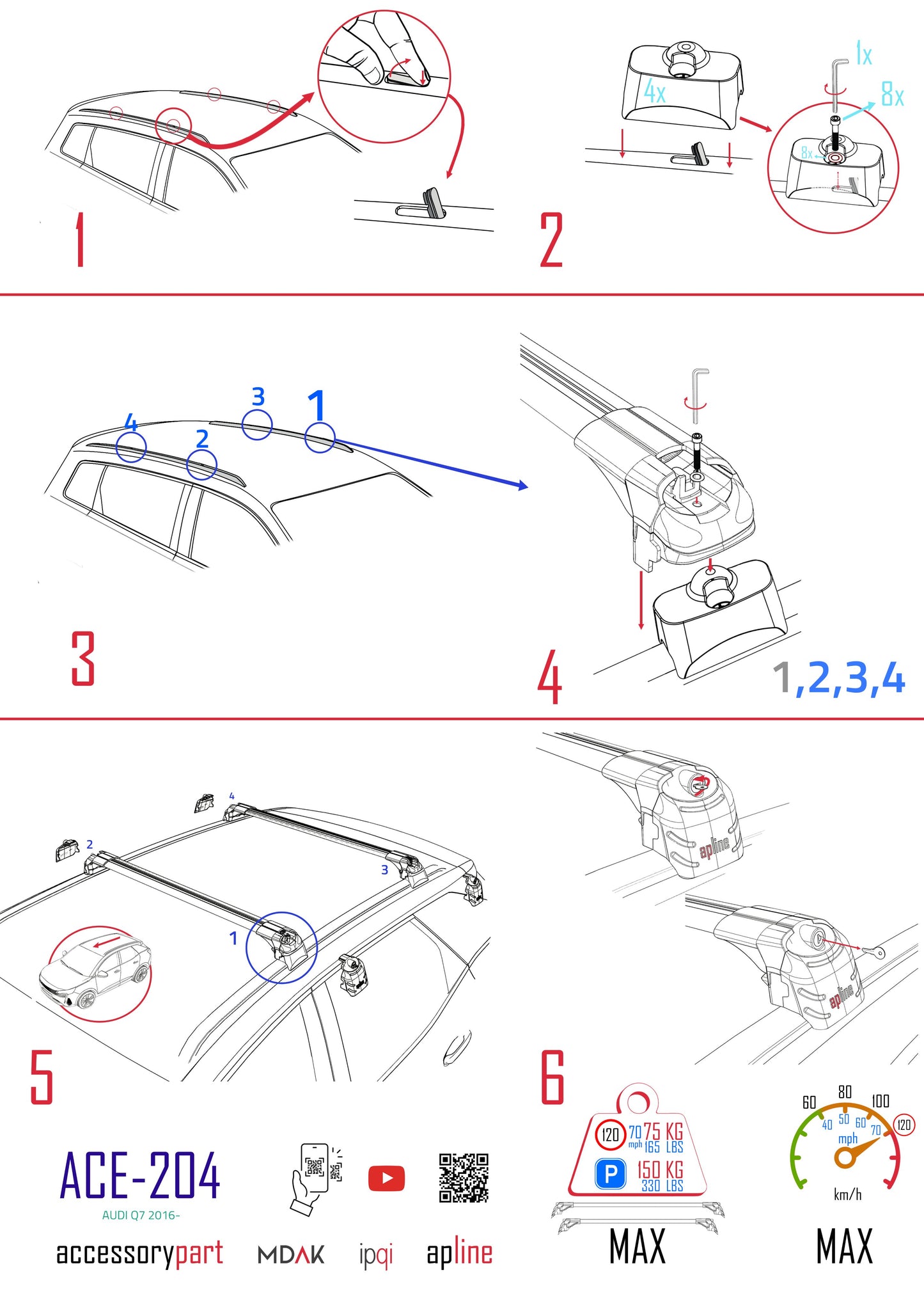 Compatible avec Audi Q7 (4M) 2015-2026 ACE-2 modèle Barres de Toit Railing Porte-Bagages de Voiture Noir Aluminium Barres