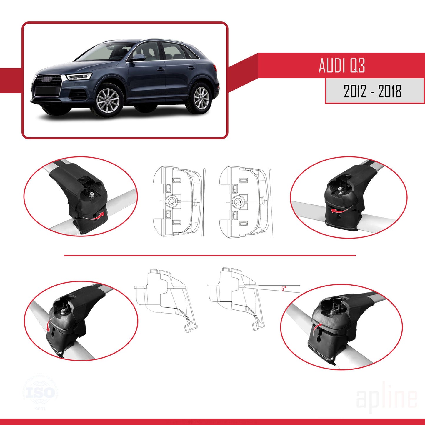 Compatible avec Q3 (8U) 2012-2018 ACE-2 Barres de Toit Railing Porte-Bagages de Voiture Gris Aluminium 2 Barres