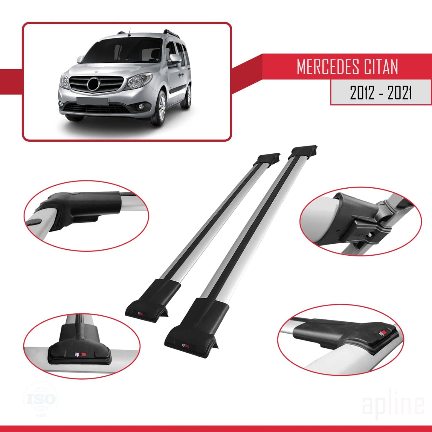 Compatible avec Mercedes Citan (W415) 2012-2021 FLY Model Barres de Toit Railing Porte-Bagages de Voiture Gris Aluminium 2 Barres