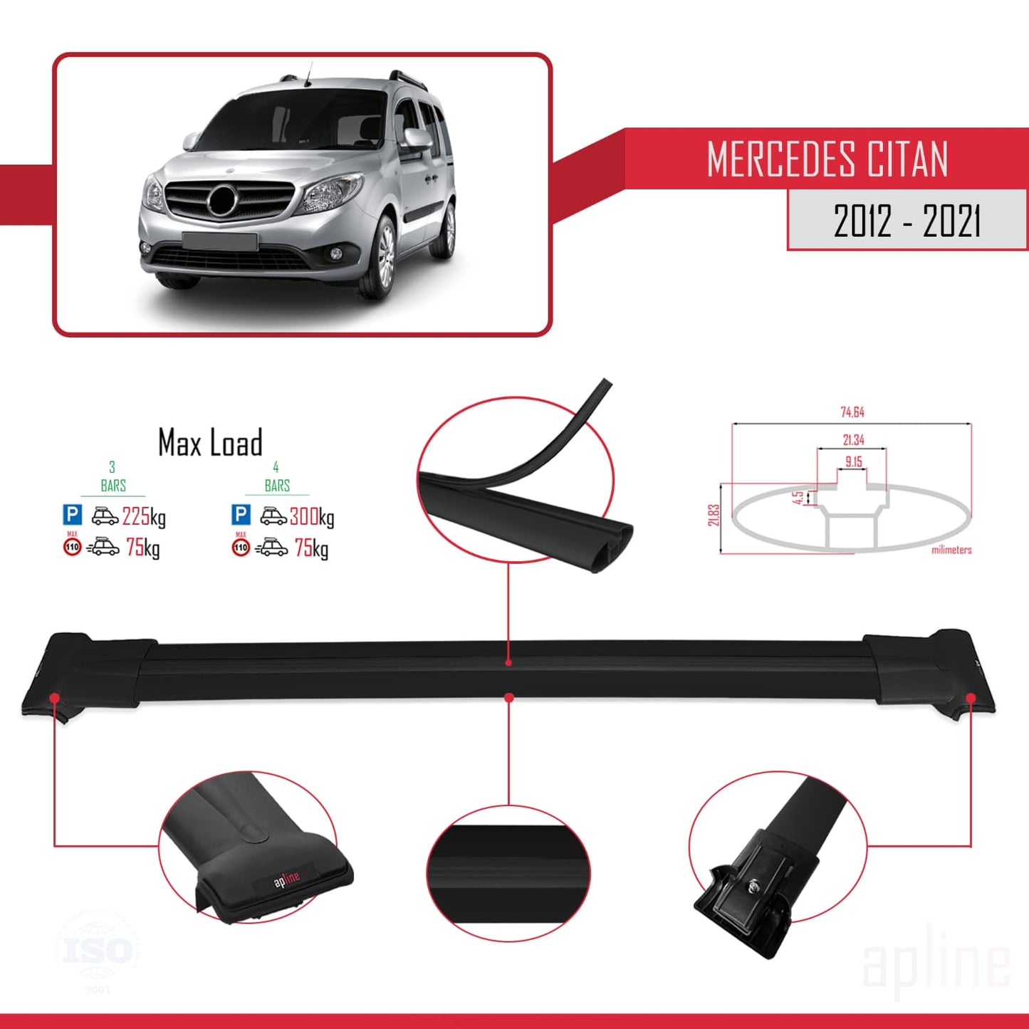 Compatible avec Mercedes Citan (W415) 2012-2021 FLY Model Barres de Toit Railing Porte-Bagages de Voiture Noir Aluminium 3 Barres