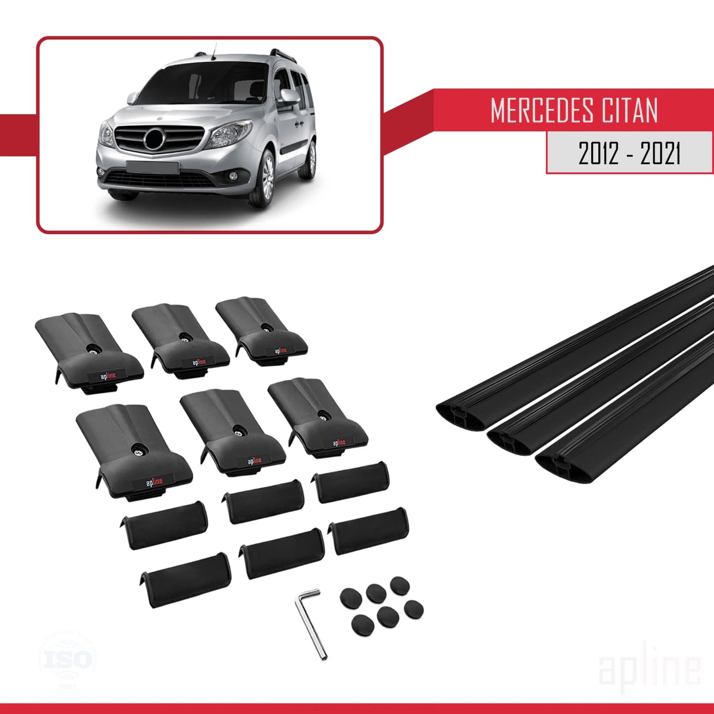 Compatible avec Mercedes Citan (W415) 2012-2021 FLY Model Barres de Toit Railing Porte-Bagages de Voiture Noir Aluminium 3 Barres
