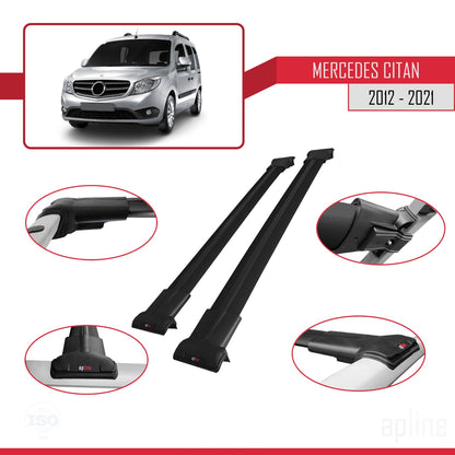 Compatible avec Mercedes Citan (W415) 2012-2021 FLY Model Barres de Toit Railing Porte-Bagages de Voiture Noir Aluminium 2 Barres