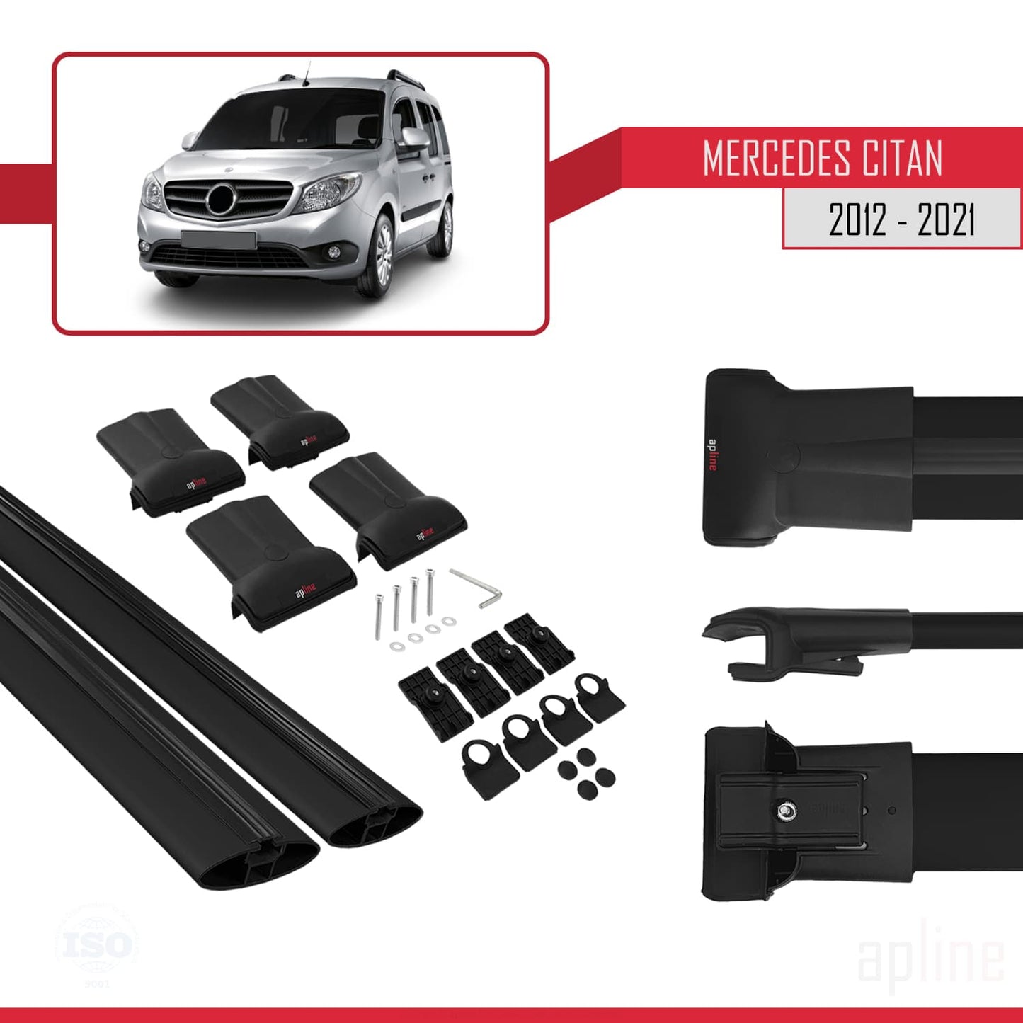 Compatible avec Mercedes Citan (W415) 2012-2021 FLY Model Barres de Toit Railing Porte-Bagages de Voiture Noir Aluminium 2 Barres