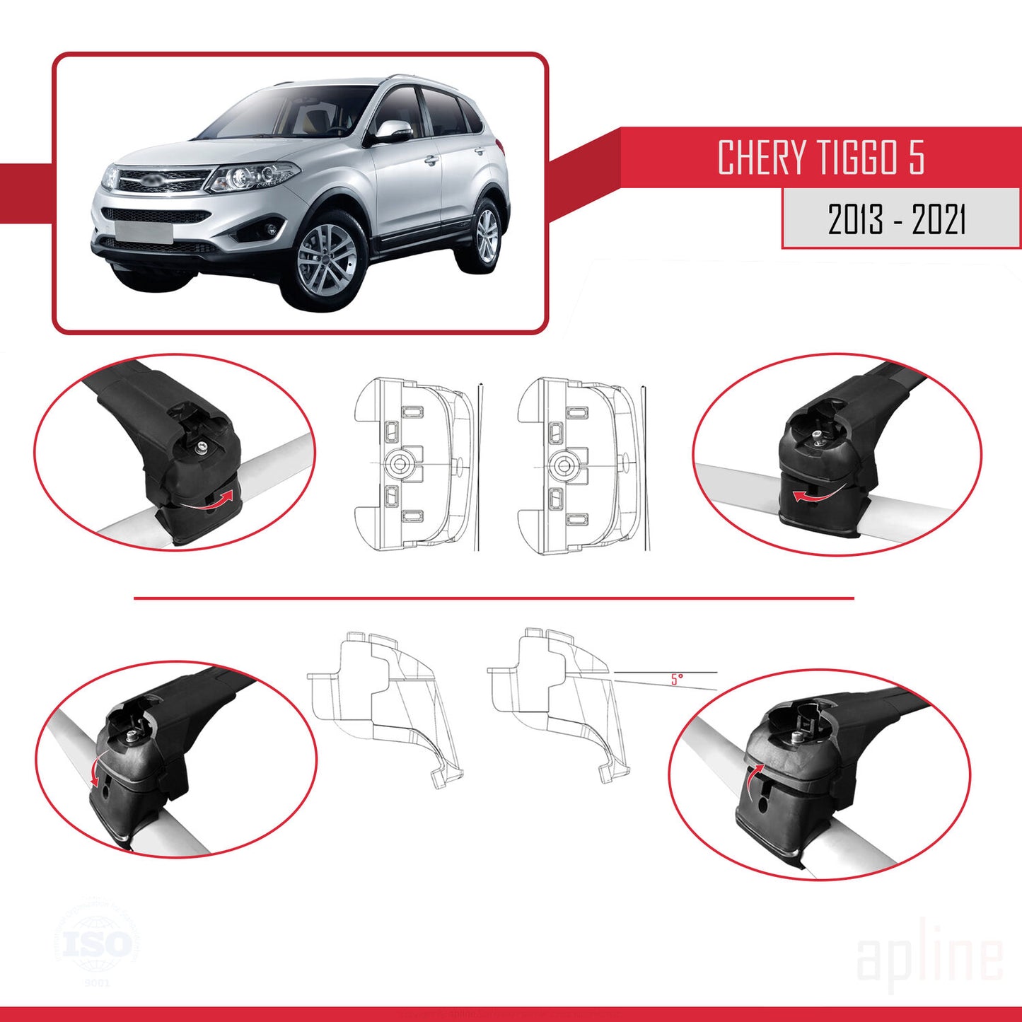 Compatibile con Chery Tiggo 5 (T21) 2013-2021 ACE-2 Barre portatutto per auto Portapacchi in alluminio nero 2 barre