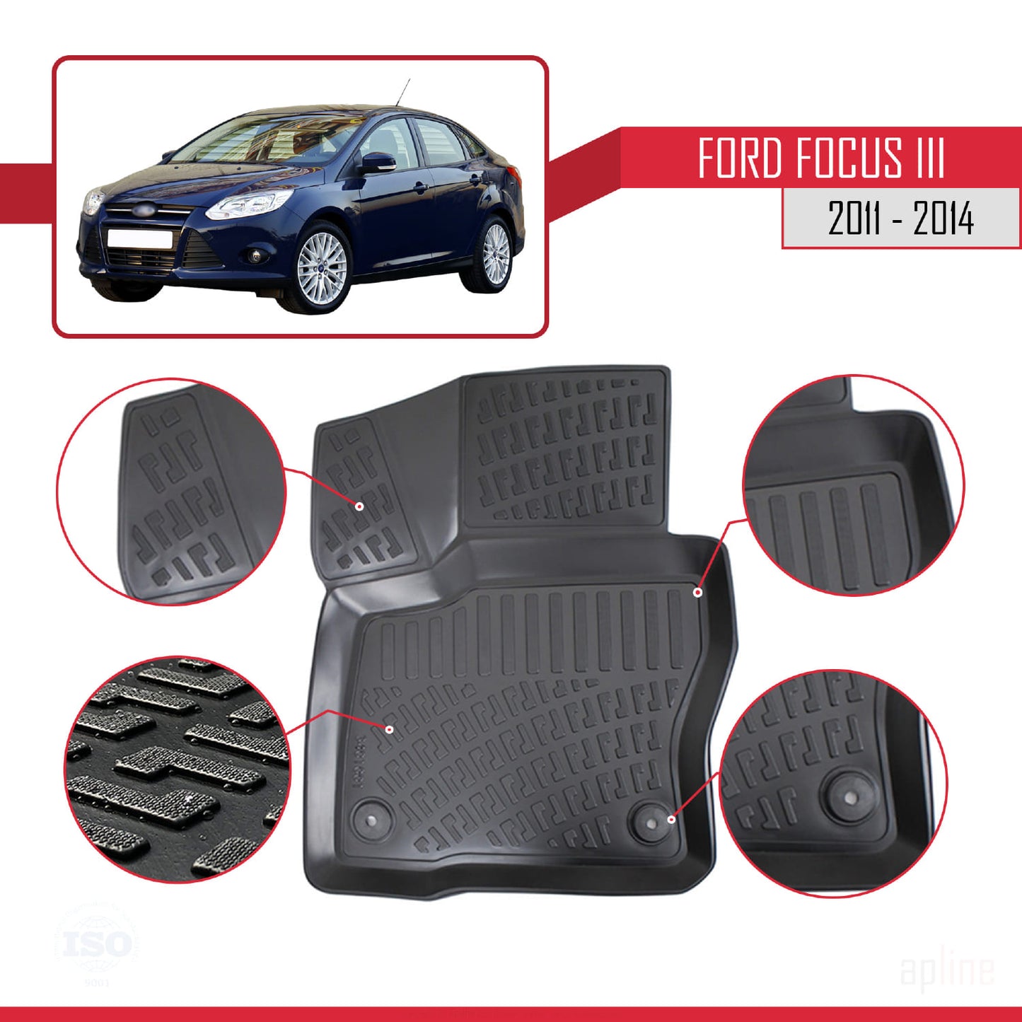 Compatible avec Ford Focus 3 (C346) Pre-Facelift 2011-2014 4D Tapis de Voiture Noir