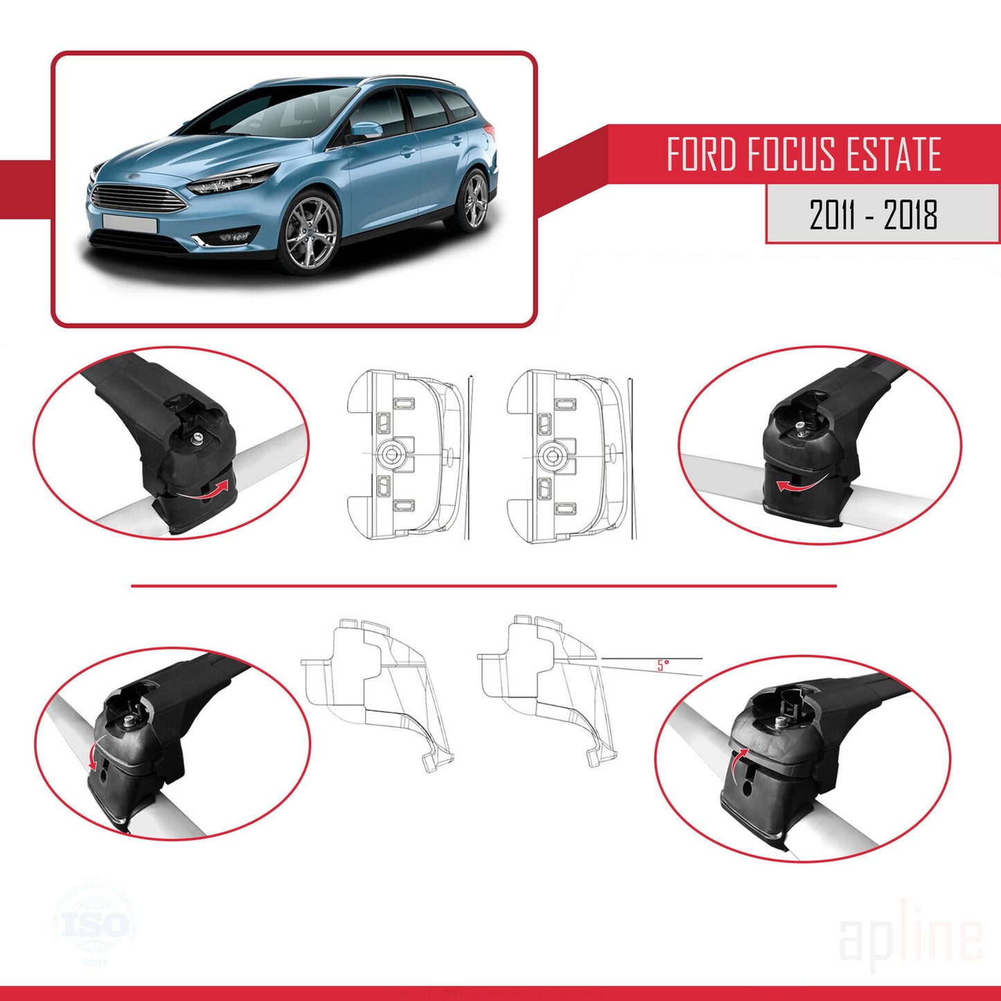 Compatibile con Ford Focus 3 (C346) Station Wagon 2011-2018 ACE-2 Barre portatutto per auto Portapacchi in alluminio nero 2 barre