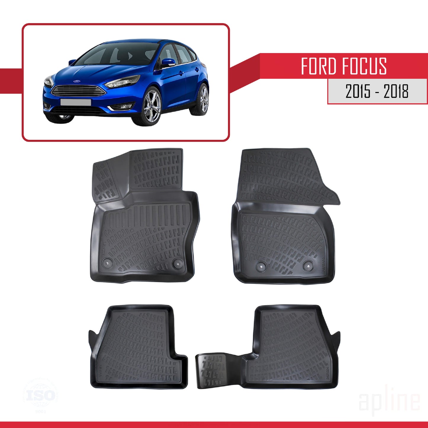 Compatible avec Ford Focus 3 (C346) Post-Facelift 2015-2018 4D Tapis de Voiture Noir