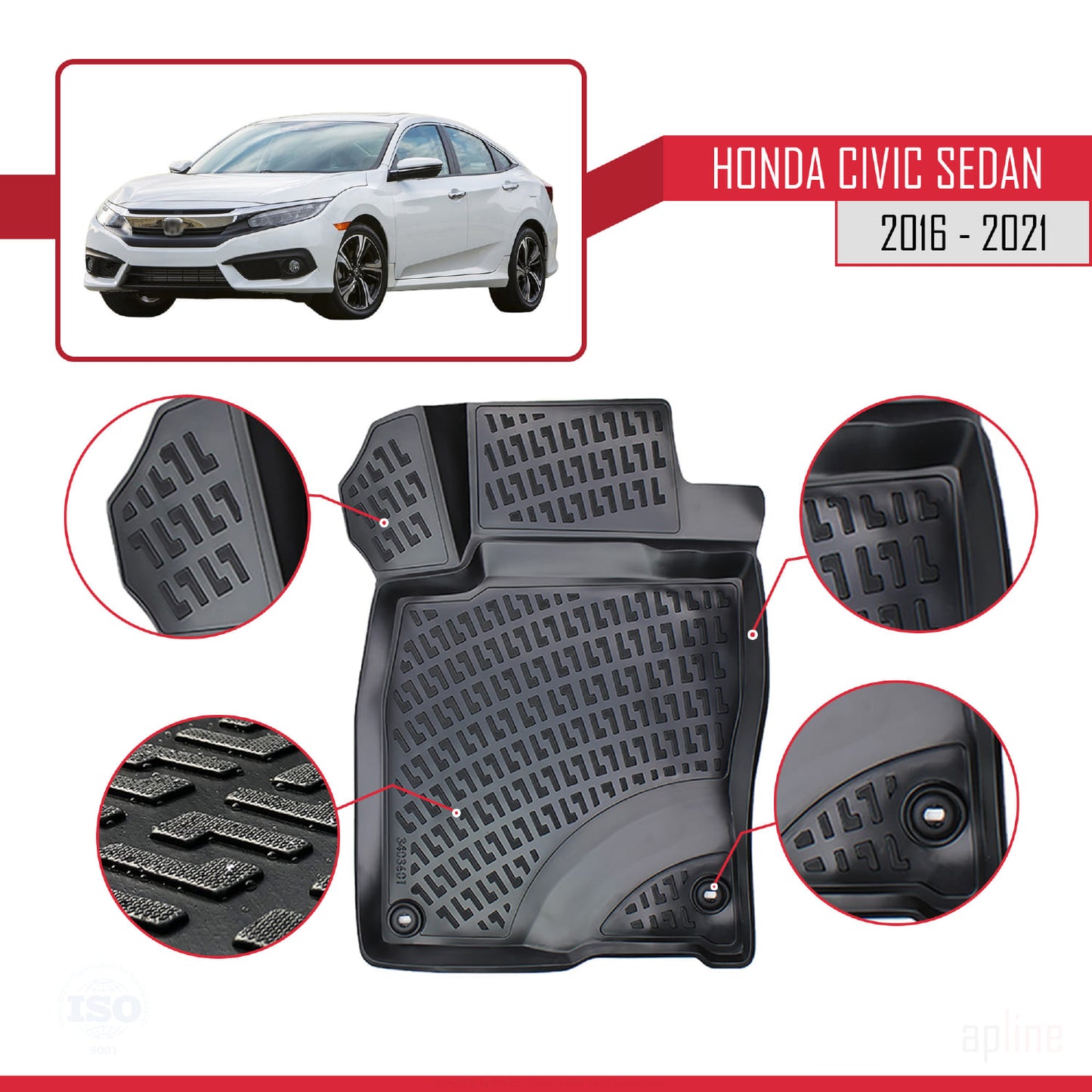 Compatible with Honda Civic 10 (FC) Sedan 2016-2021 4D Car mats Black