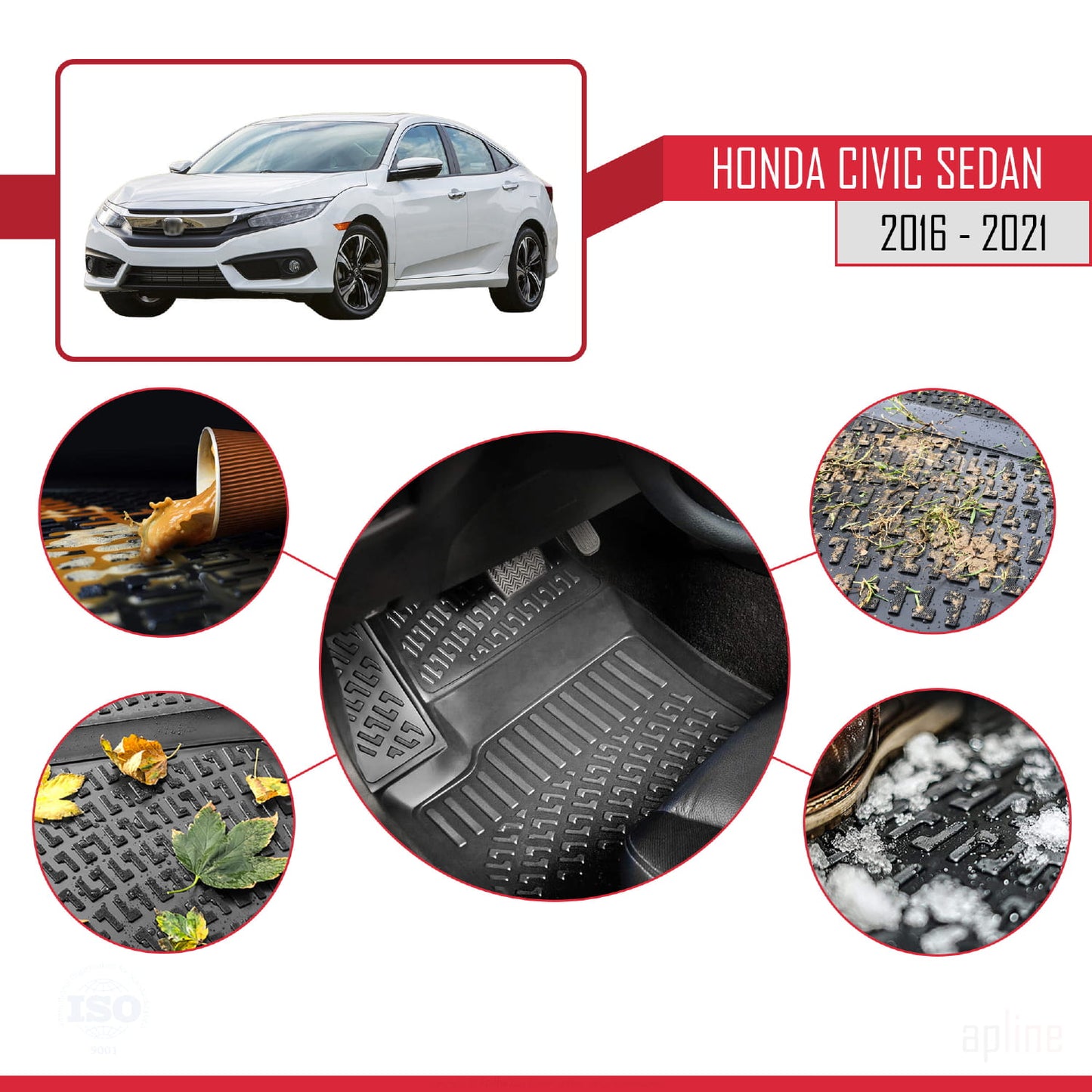 Compatible with Honda Civic 10 (FC) Sedan 2016-2021 4D Car mats Black
