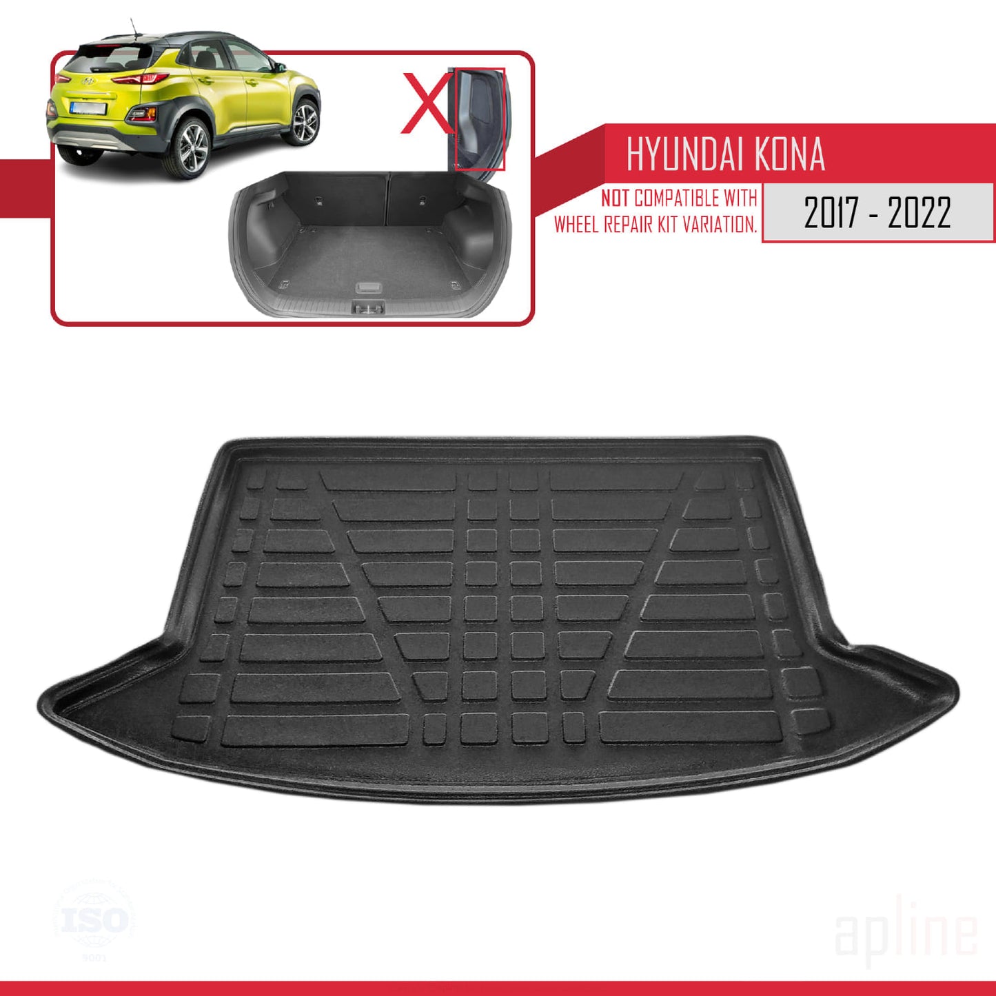Compatible avec Hyundai Kona (OS) 2017-2022 Flexible Tapis de Coffre Plancher de Chargement Noir