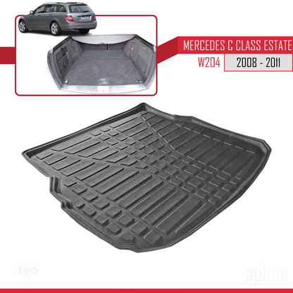 Compatible avec Mercedes Classe C 3 (S204) Pre-Facelift 2008-2011 Flexible Tapis de Coffre Plancher de Chargement Noir