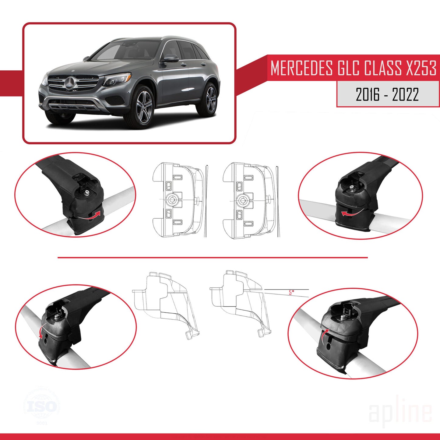 Compatible avec Mercedes Classe GLC (X253) 2016-2022 ACE-2 Barres de Toit Railing Porte-Bagages de Voiture Noir Aluminium 2 Barres