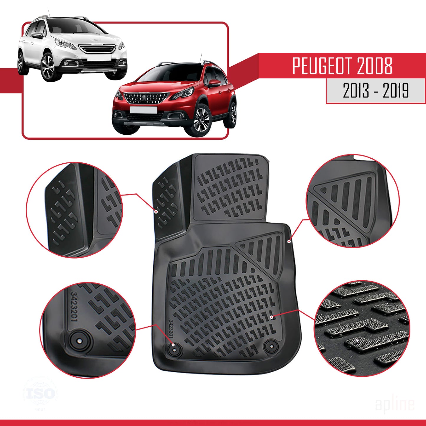 Compatible avec Peugeot 2008 (A94) 2013-2019 4D Tapis de Voiture Noir