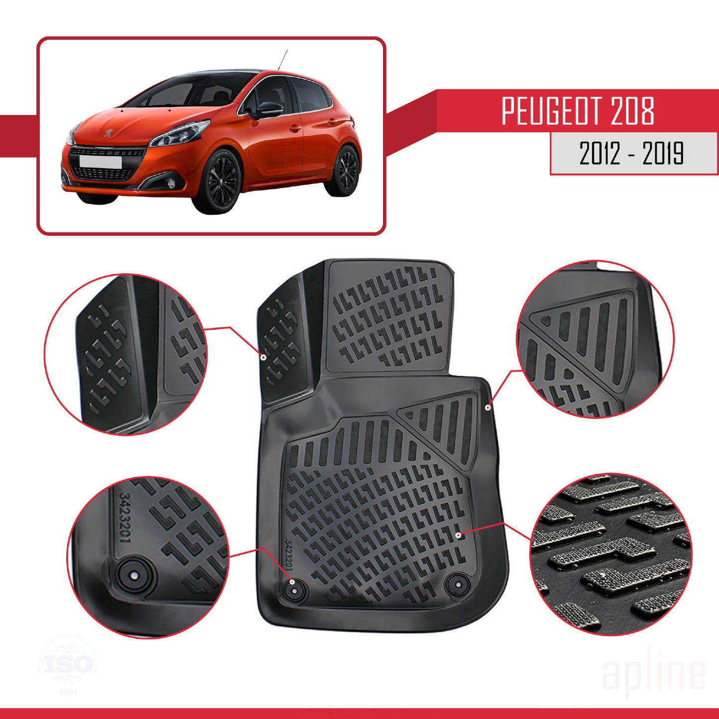 Compatible avec Peugeot 208 (A9) 2012-2019 4D Tapis de Voiture Noir