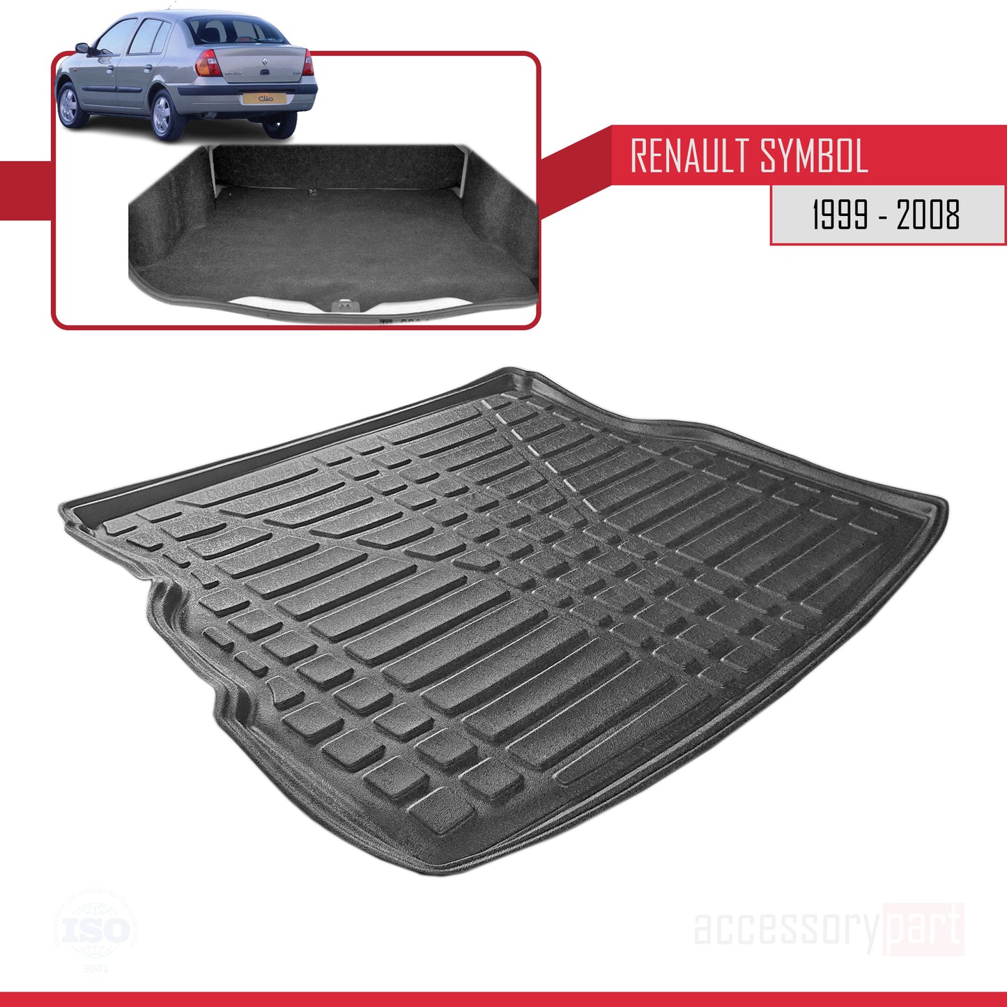 Compatible avec Renault Symbol (Clio) 1999-2008 Flexible Tapis de Coffre Plancher de Chargement Noir