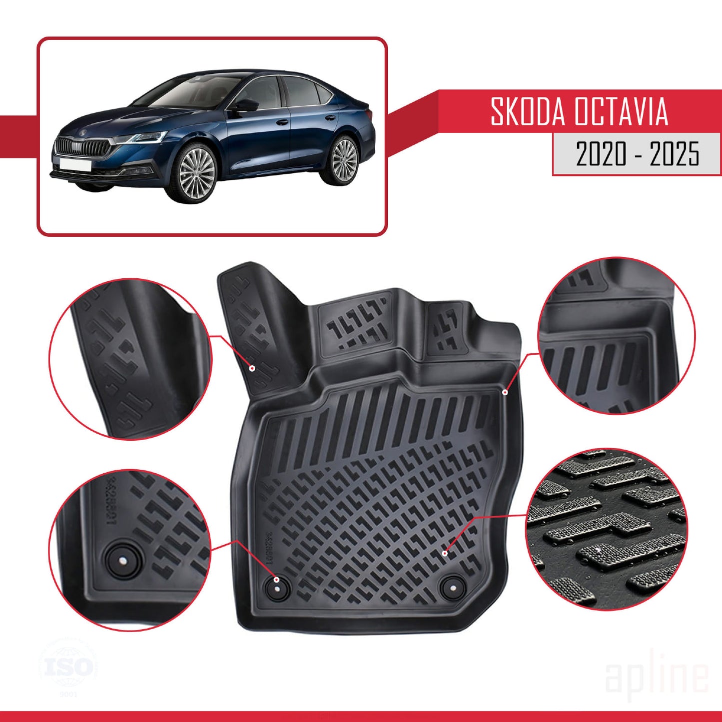 Compatible avec Skoda Octavia 4 (NX) 2020-2025 4D Tapis de Voiture Noir