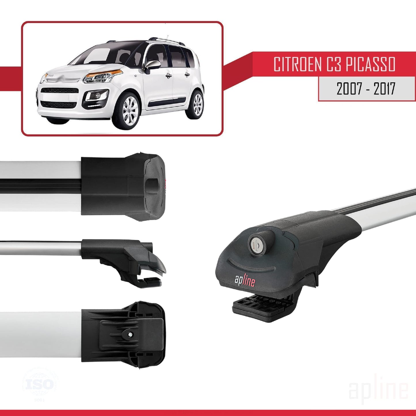 Compatible avec Citroen C3 Picasso 2009-2017 ACE-1 Barres de Toit Railing Porte-Bagages de Voiture Gris Aluminium 2 Barres