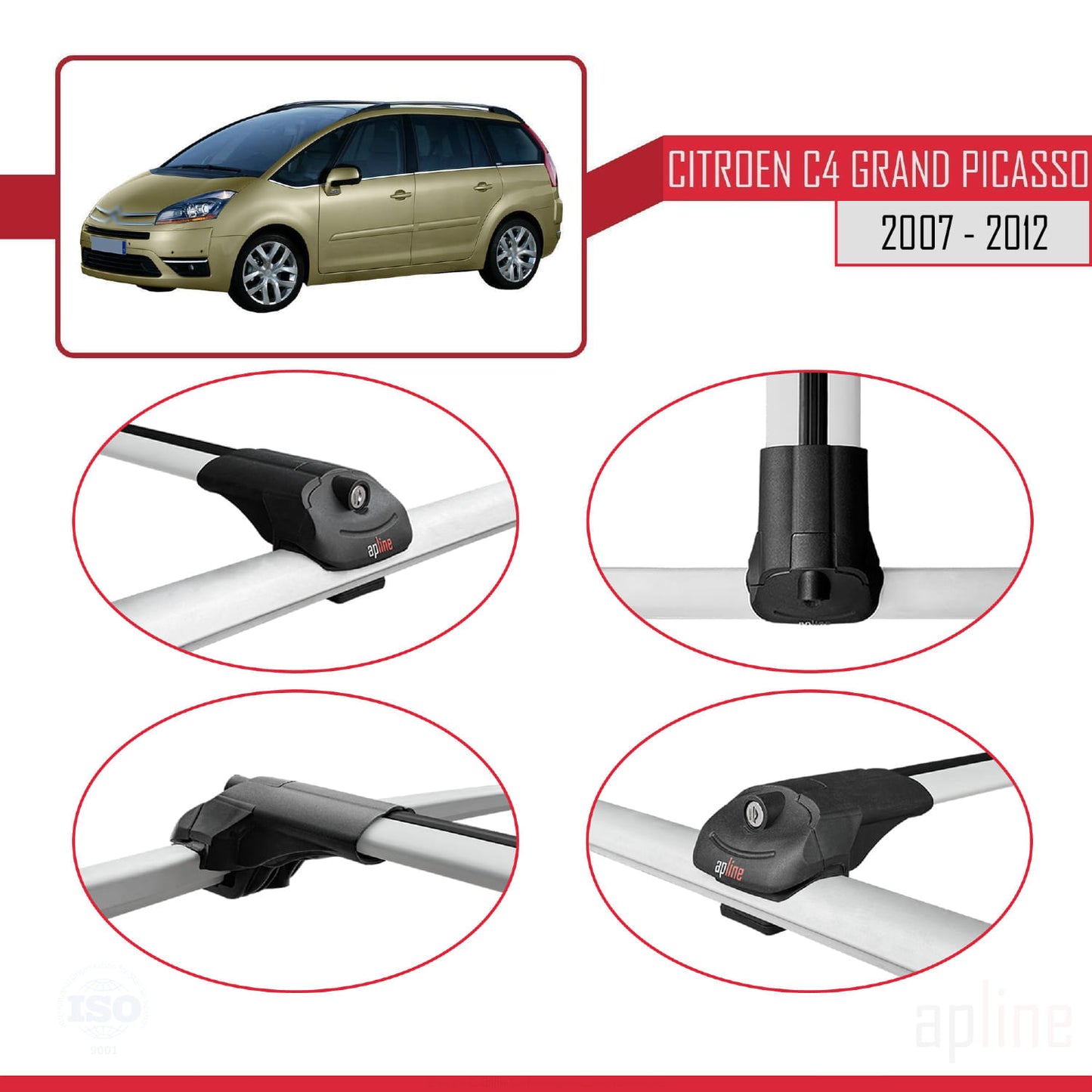 Compatibile con Citroen Grand C4 Picasso 2007-2012 ACE-1 Barre portatutto per auto Portapacchi in alluminio grigio 3 barre