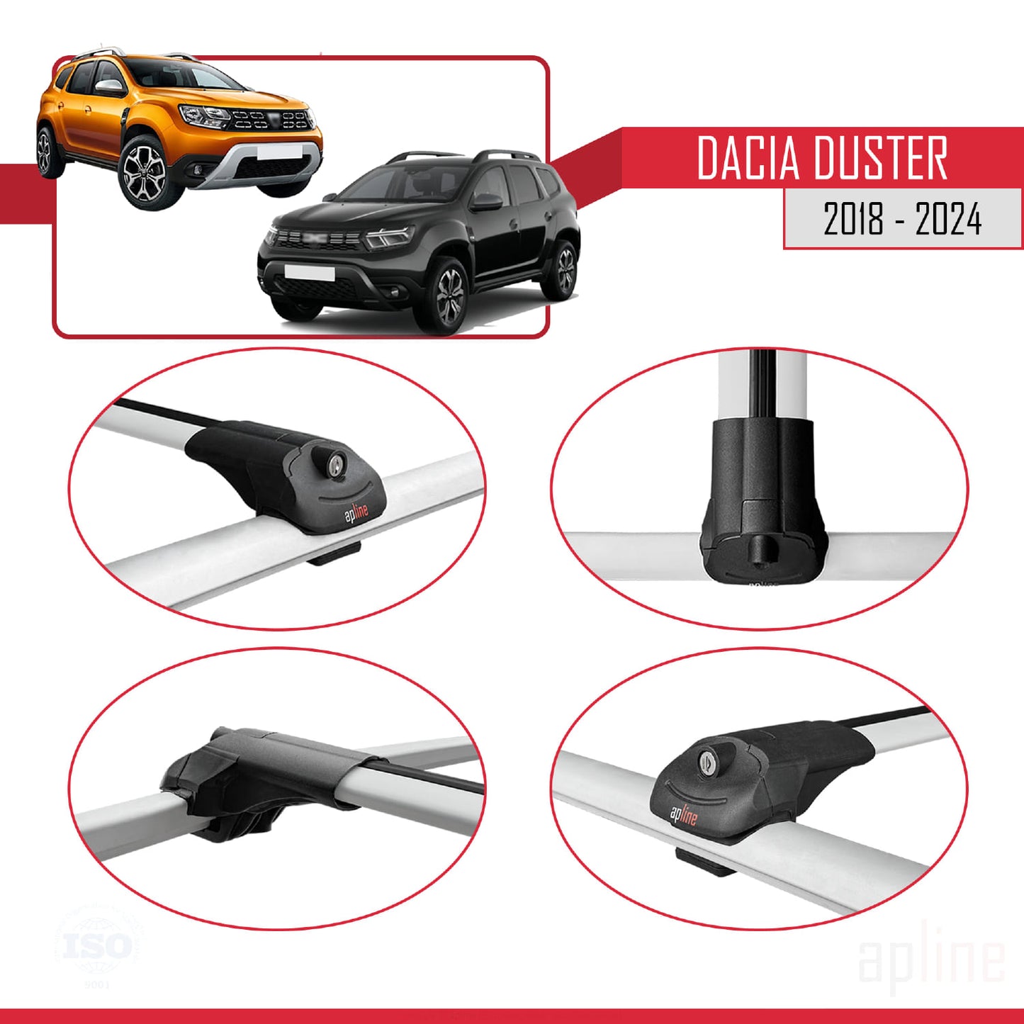 Kompatibel mit Dacia Duster 2 (HM) 2018-2024 ACE-1 Dachgepäckträger, Reling, Gepäckträger, graues Aluminium, 3 Stangen