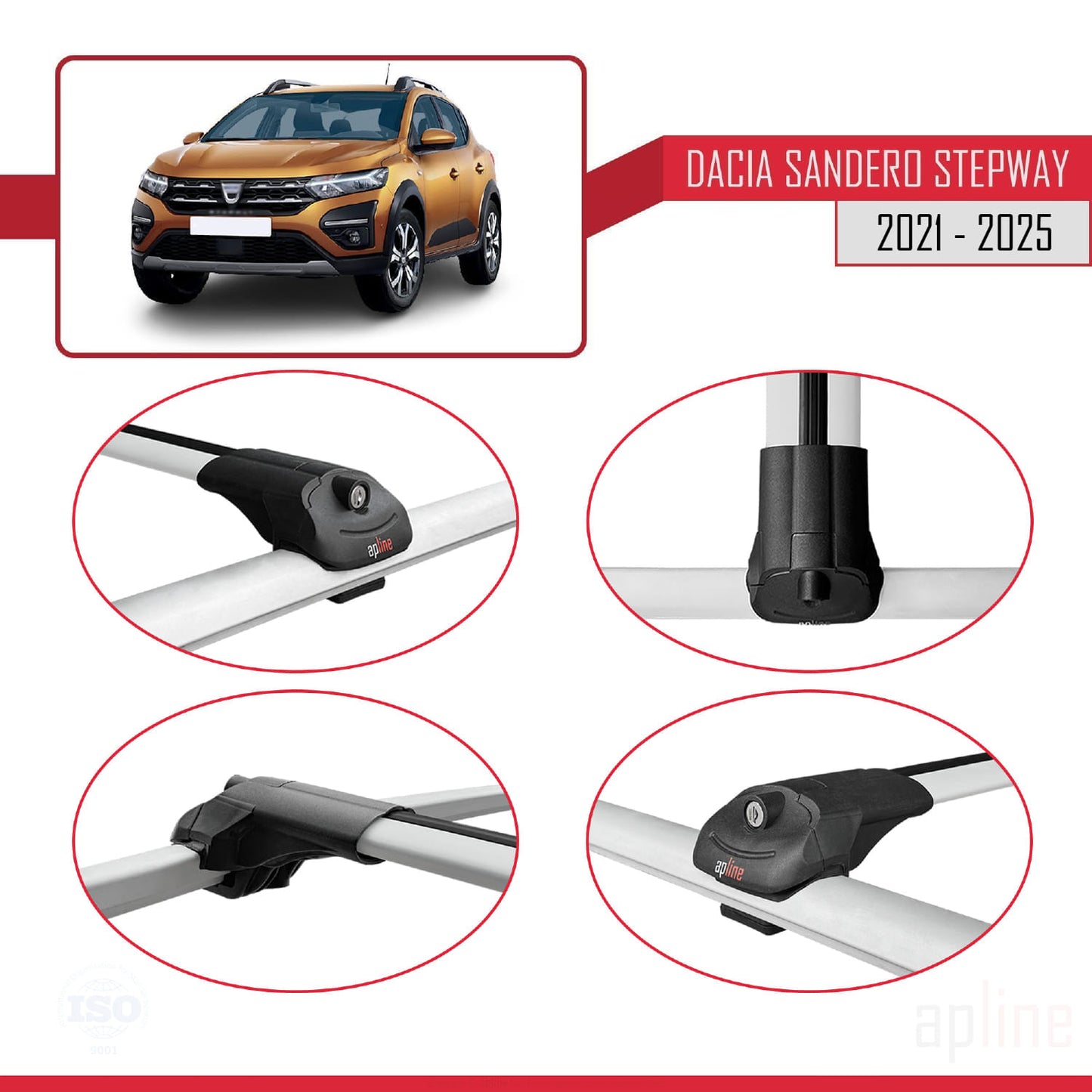 Kompatibel mit Dacia Sandero Stepway 3 2021-2025 ACE-1 Dachgepäckträger, Reling, Gepäckträger, graues Aluminium, 3 Stangen