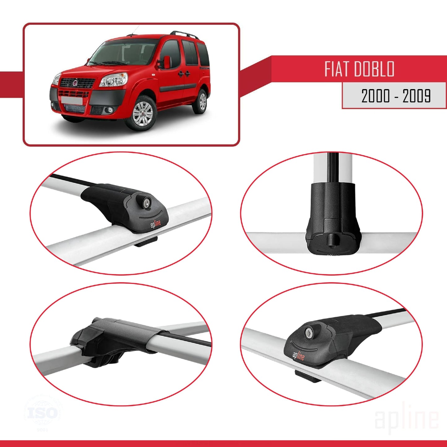 Compatibile con Fiat Doblo 2000-2009 ACE-1 Barre Portatutto Railing Portapacchi Auto Alluminio Grigio 4 Barre