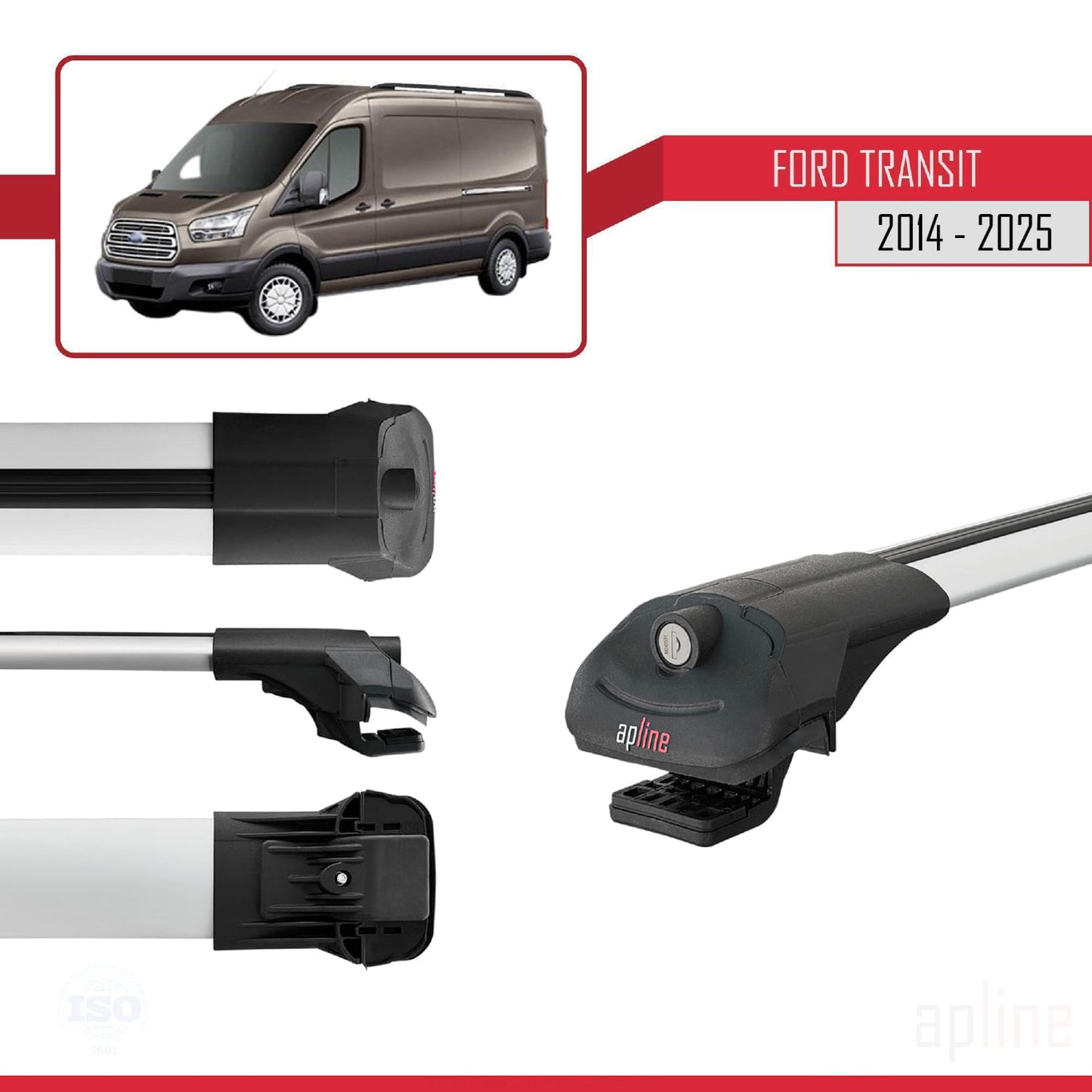 Compatible avec Ford Transit 2014-2025 ACE-1 Barres de Toit Railing Porte-Bagages de Voiture Gris Aluminium 4 Barres