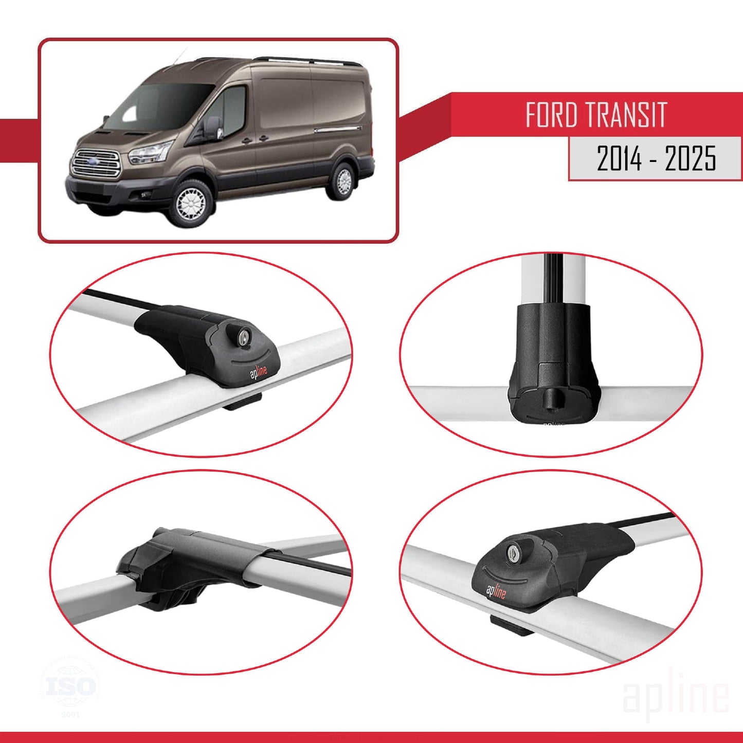 Compatible avec Ford Transit 2014-2025 ACE-1 Barres de Toit Railing Porte-Bagages de Voiture Gris Aluminium 4 Barres