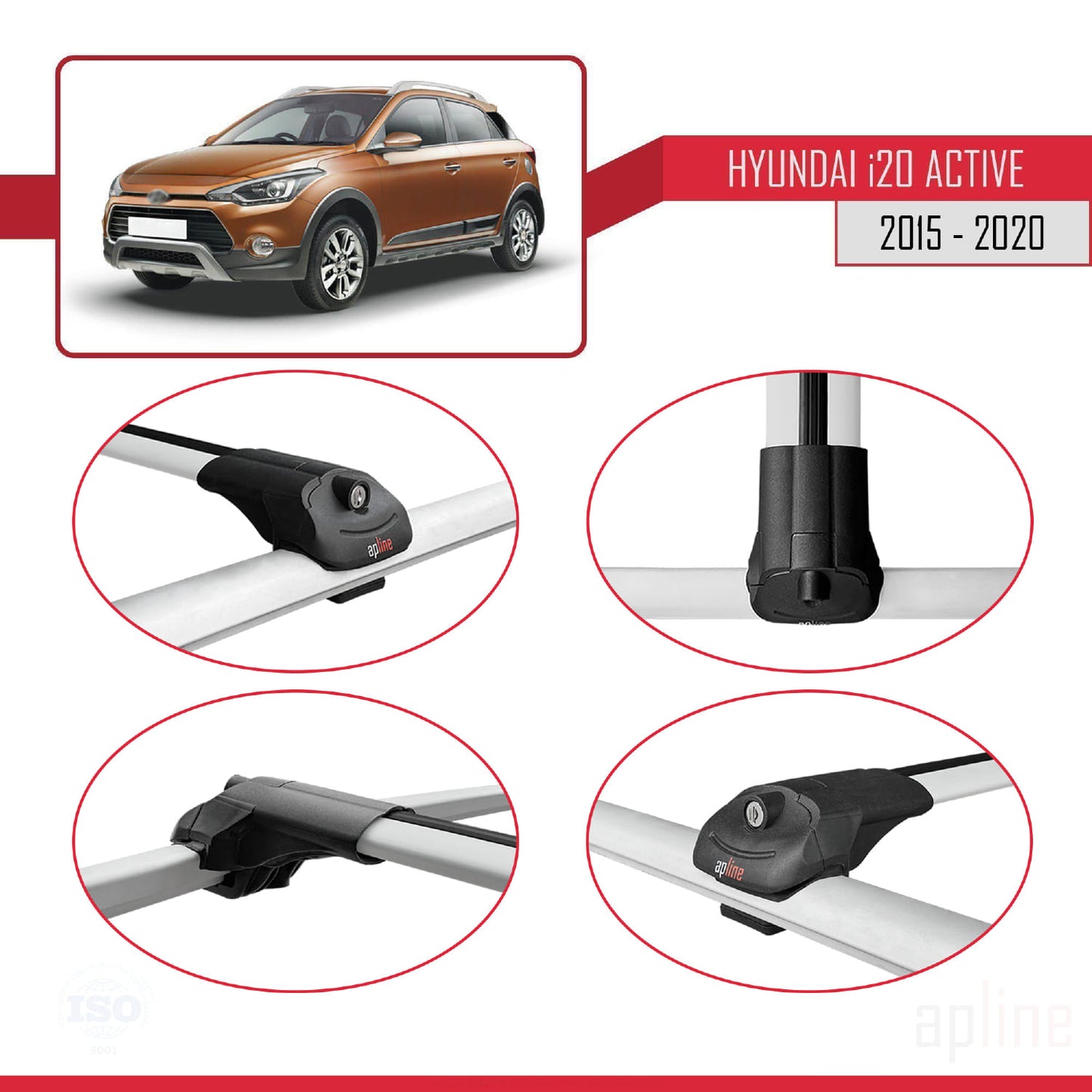 Compatible with Hyundai i20 II Active 2015-2019 ACE-1 Car Roof Rack Cross Bar Grey Aluminium 3 Bars