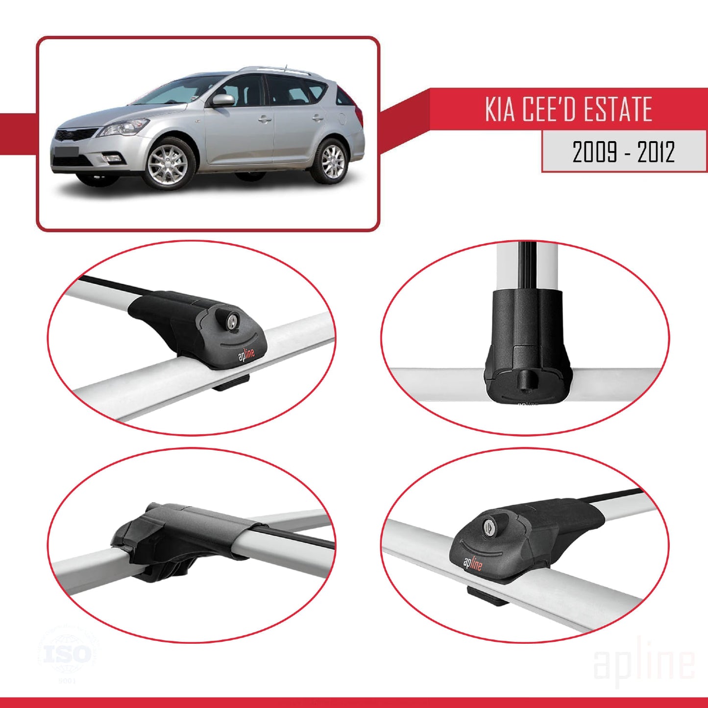 Compatible with Kia Ceed (ED) SW Post-Facelift 2009-2012 ACE-1 Car Roof Rack Cross Bar Grey Aluminium 3 Bars