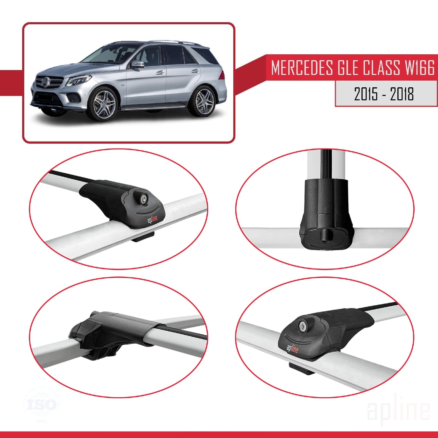 Compatible with Mercedes GLE Class 3 (W166) Post-Facelift 2015-2018 ACE-1 Car Roof Rack Cross Bar Grey Aluminium 2 Bars