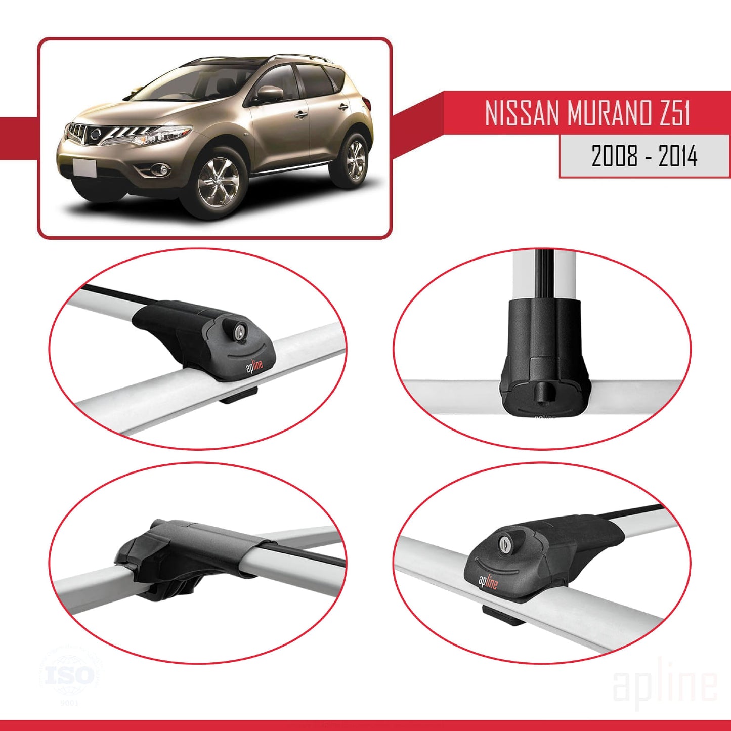 Compatible avec Nissan Murano 2 (Z51) 2008-2014 ACE-1 Barres de Toit Railing Porte-Bagages de Voiture Gris Aluminium 3 Barres