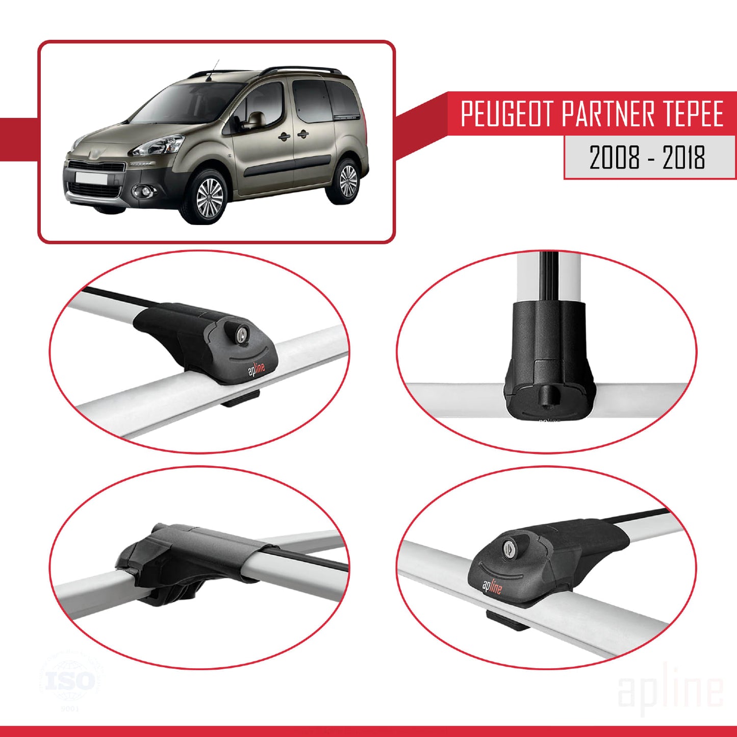 Compatible avec Peugeot Partner 2 Tepee 2008-2018 ACE-1 Barres de Toit Railing Porte-Bagages de Voiture Gris Aluminium 3 Barres