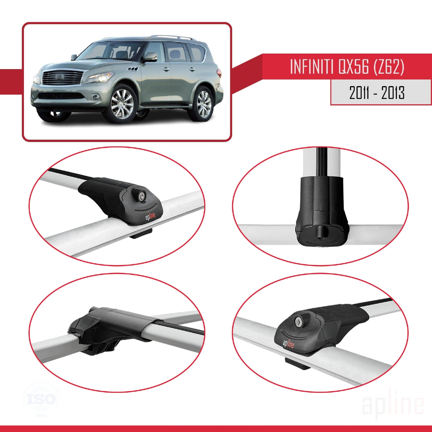 Compatible avec IInfiniti QX56 (Z62) 2011-2013 ACE-1 Barres de Toit Railing Porte-Bagages de Voiture Gris Aluminium 3 Barres