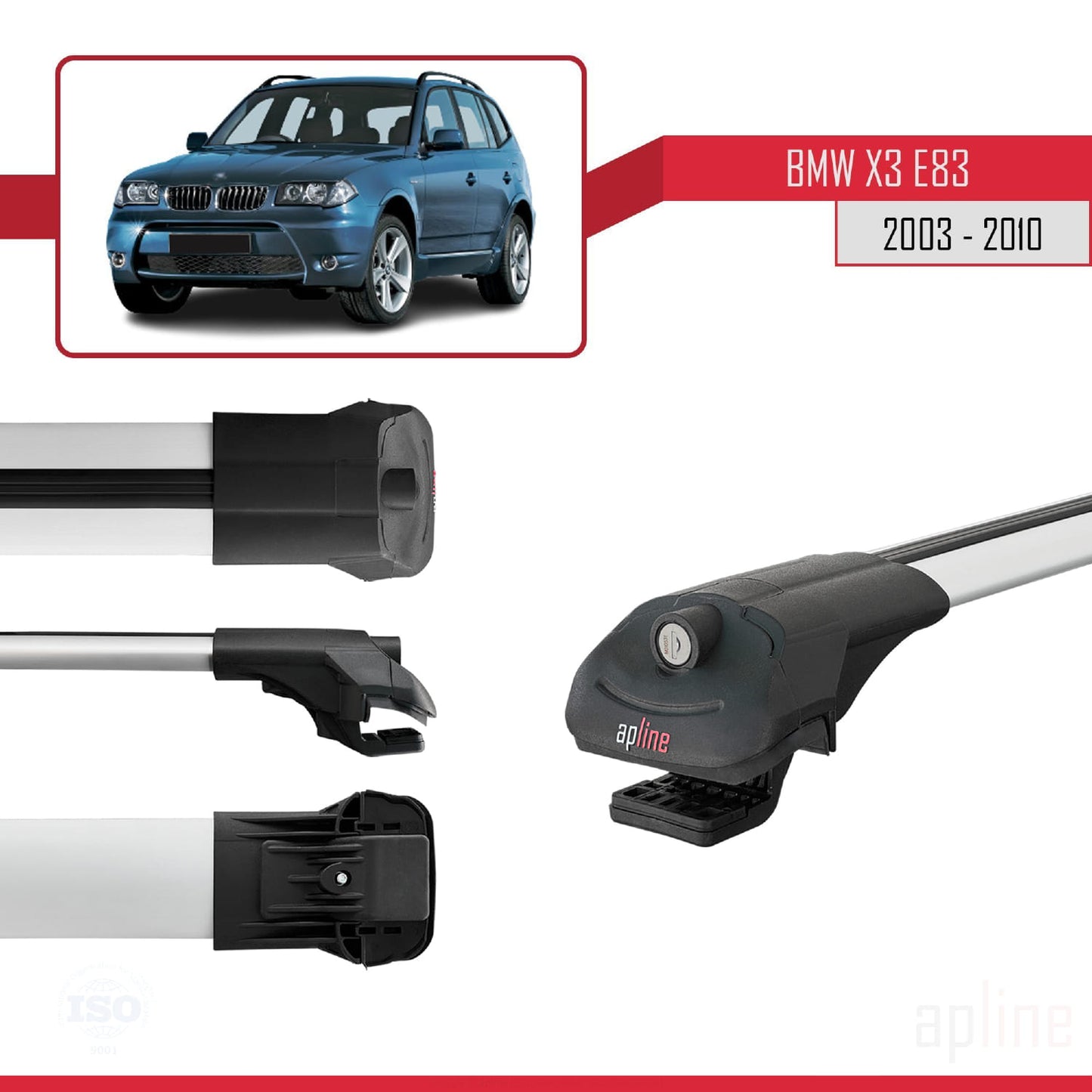 Kompatibel mit BMW X3 (E83) 2003-2010 ACE-1 Dachgepäckträger, Reling, Gepäckträger, graues Aluminium, 2 Stangen