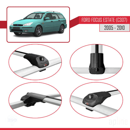 Compatible avec Ford Focus 2 (C307) Break 2005-2010 ACE-1 Barres de Toit Railing Porte-Bagages de Voiture Gris Aluminium 3 Barres