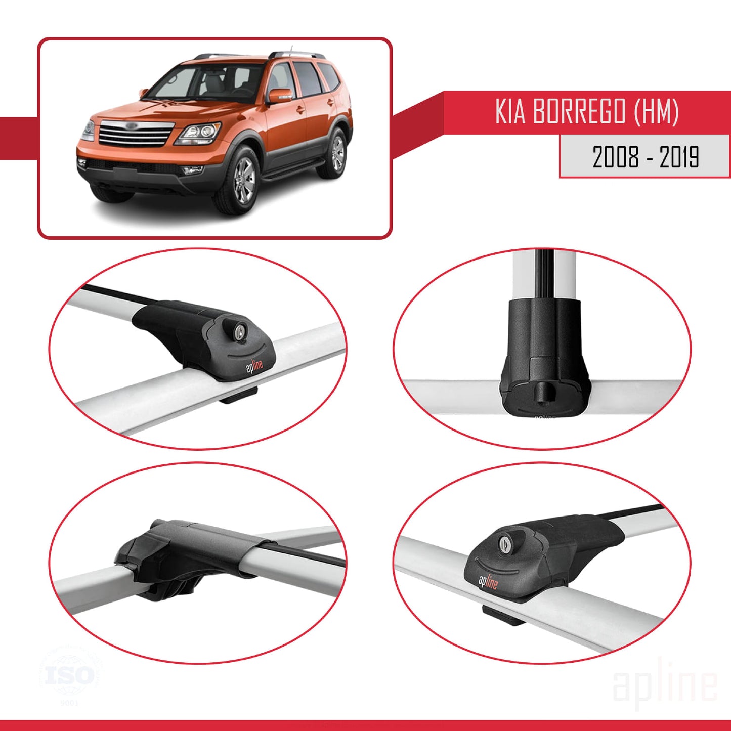 Compatible avec Kia Borrego (HM) 2008-2019 ACE-1 Barres de Toit Railing Porte-Bagages de Voiture Gris Aluminium 2 Barres