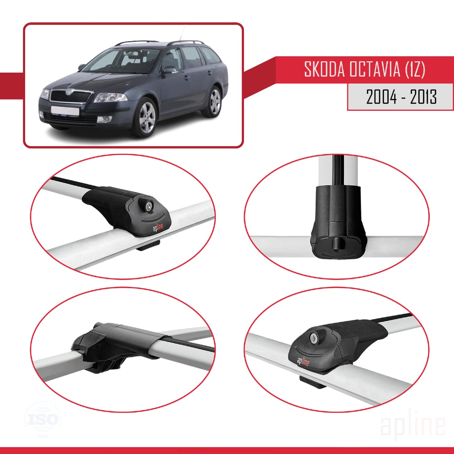 Compatible avec Skoda Octavia 2 (1Z) 2004-2013 ACE-1 Barres de Toit Railing Porte-Bagages de Voiture Gris Aluminium 2 Barres