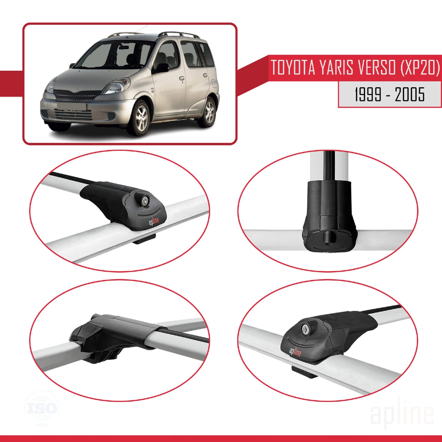 Compatible avec Toyota Yaris Verso (XP20) 1999-2005 ACE-1 Barres de Toit Railing Porte-Bagages de Voiture Gris Aluminium 3 Barres