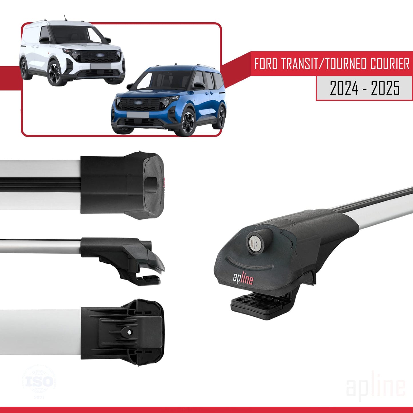 Compatible with Ford Transit / Tourneo Courier 2024-2025 ACE-1 Car Roof Rack Cross Bar Grey Aluminium 3 Bars