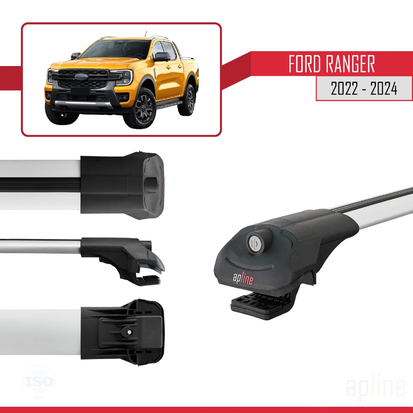 Compatible avec Ford Ranger (P703) 2022-2024 ACE-1 Barres de Toit Railing Porte-Bagages de Voiture Gris Aluminium 3 Barres