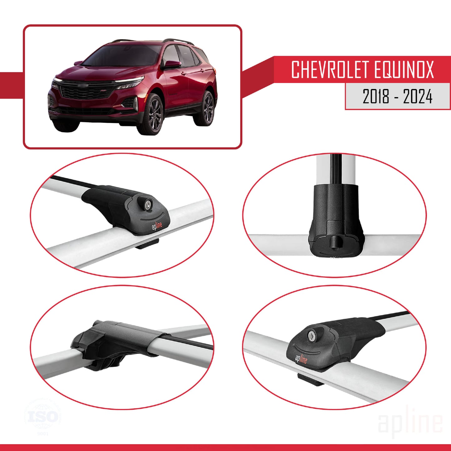 Kompatibel mit Chevrolet Equinox 2018-2024 ACE-1 Dachgepäckträger, Reling, Gepäckträger, graues Aluminium, 2 Stangen