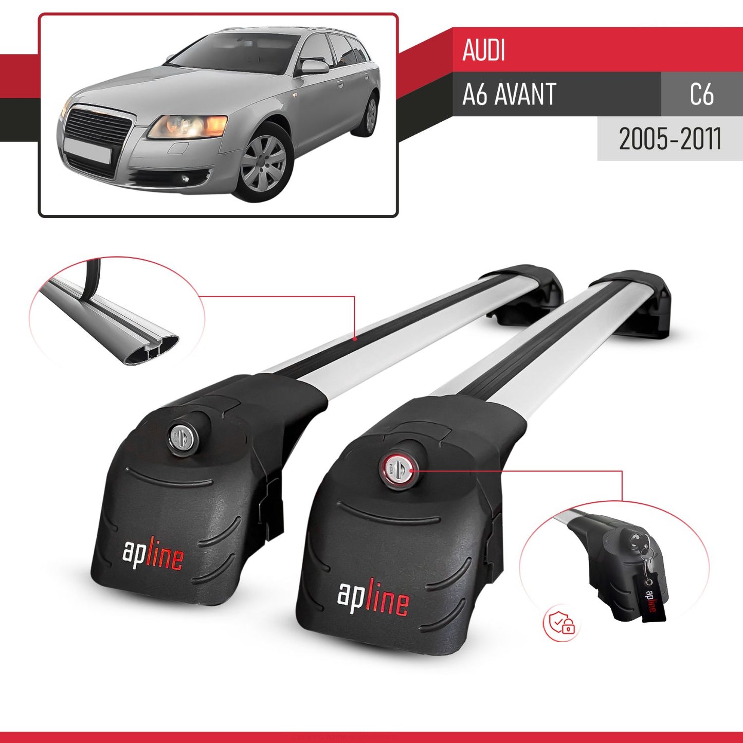 Compatible avec Audi A6 (C6) Avant 2005-2011 ACE-2 modèle Barres de Toit Railing Porte-Bagages de Voiture Gris Aluminium Barres