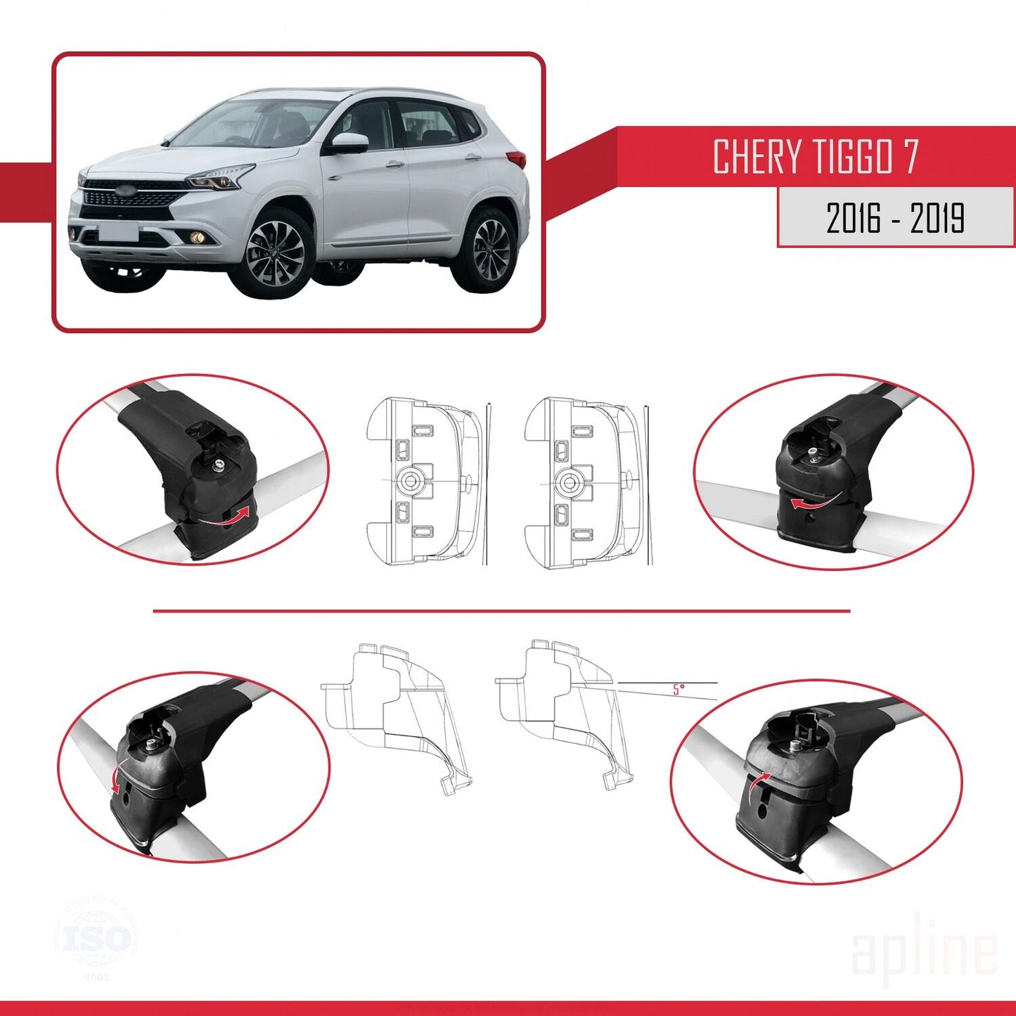 Compatibile con Chery Tiggo 7 (T15) 2016-2019 ACE-2 Barre portatutto per auto Portapacchi in alluminio grigio 2 barre