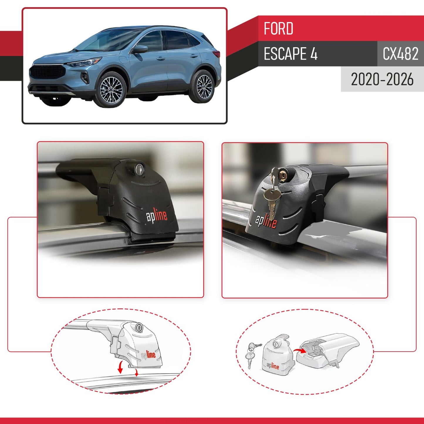 Compatible avec Ford Escape 4 (CX482) 2020-2026 ACE-2 modèle Barres de Toit Railing Porte-Bagages de Voiture Gris Aluminium Barres