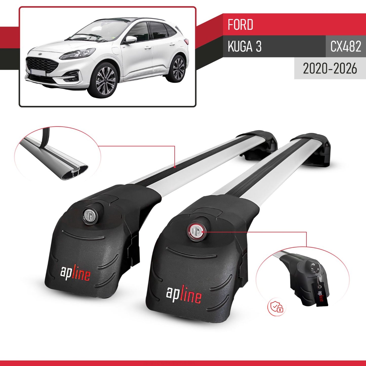 Compatible with Ford Kuga 3 (CX482) 2020-2025 ACE-2 Car Roof Rack Cross Bar Grey Aluminium 2 Bars