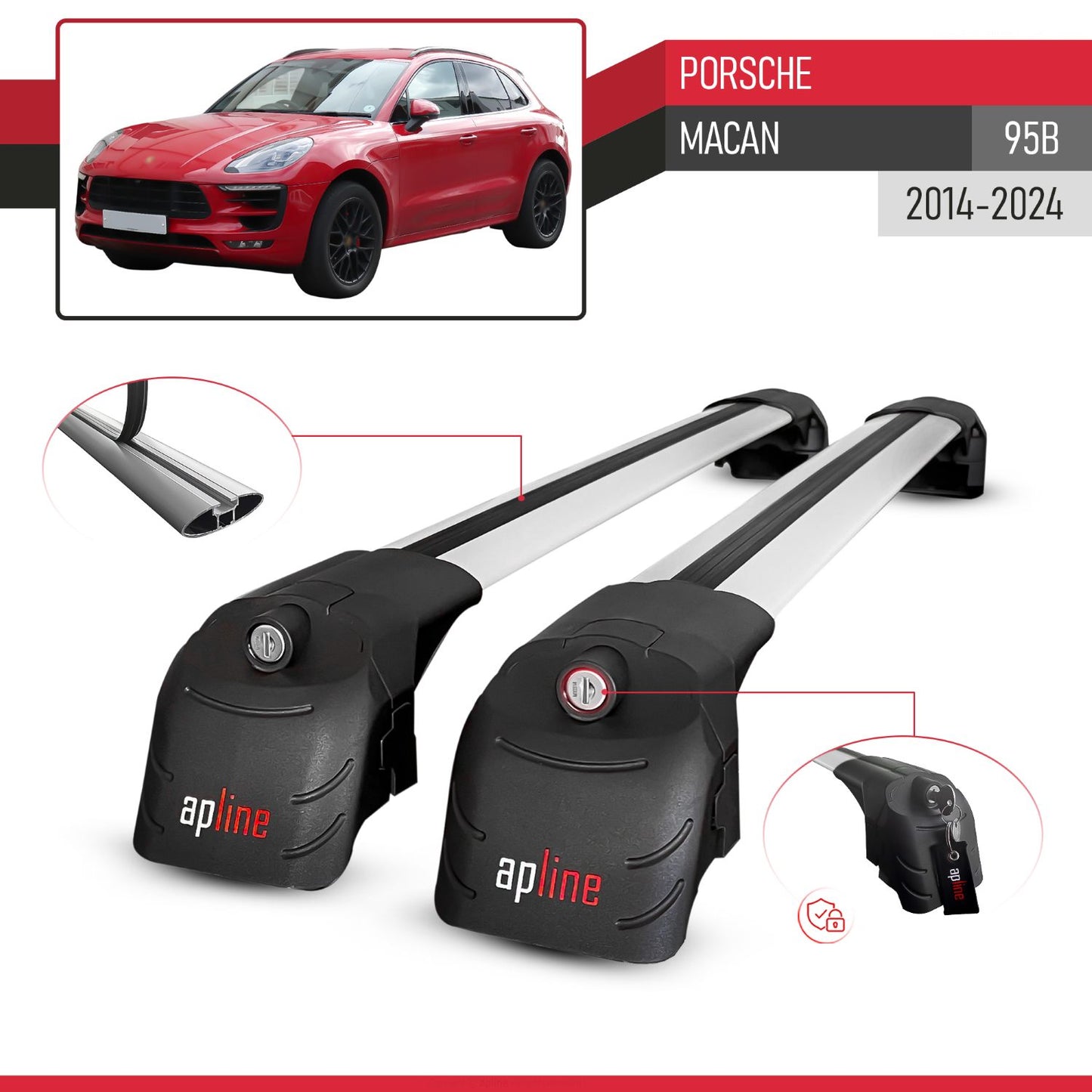 Compatible avec Porsche Macan (95B) 2014-2024 ACE-2 modèle Barres de Toit Railing Porte-Bagages de Voiture Gris Aluminium Barres