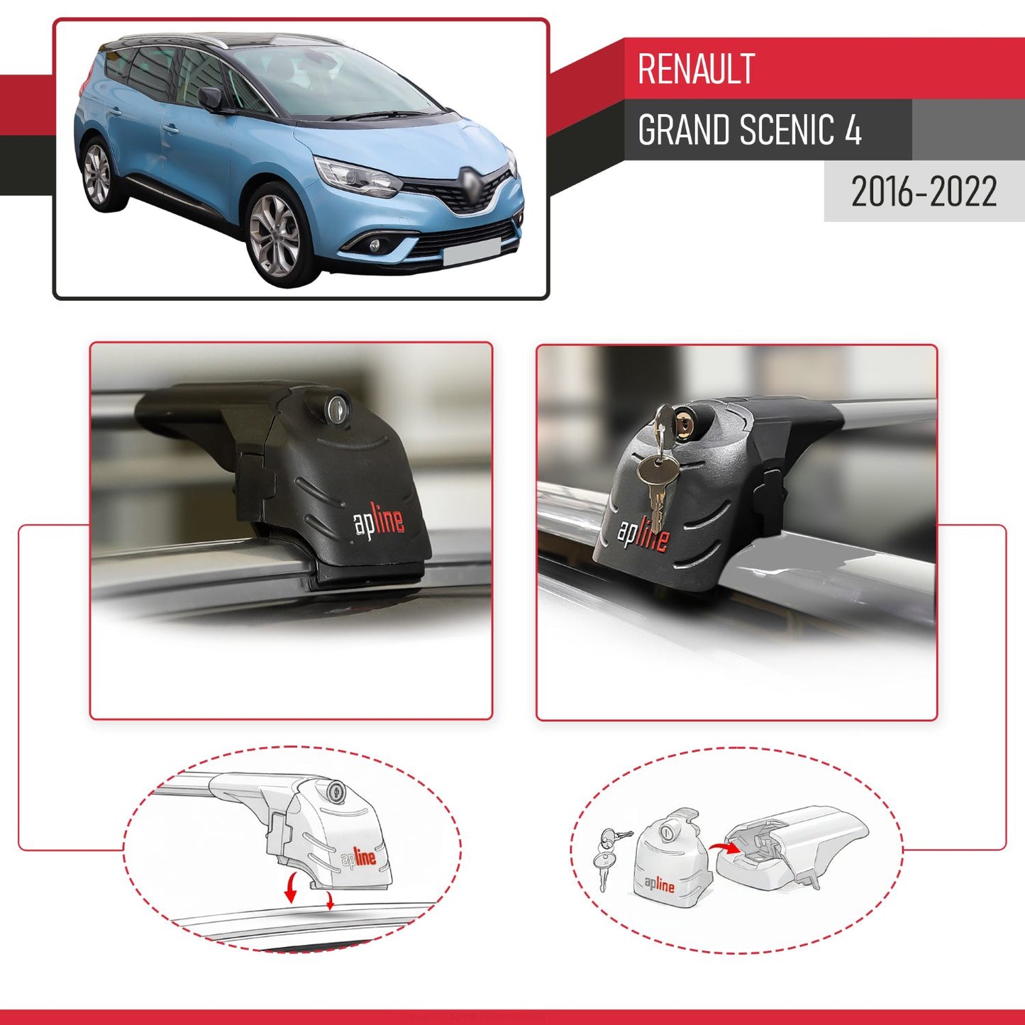 Compatible avec Renault Grand Scenic 4 2016-2022 ACE-2 modèle Barres de Toit Railing Porte-Bagages de Voiture Gris Aluminium Barres