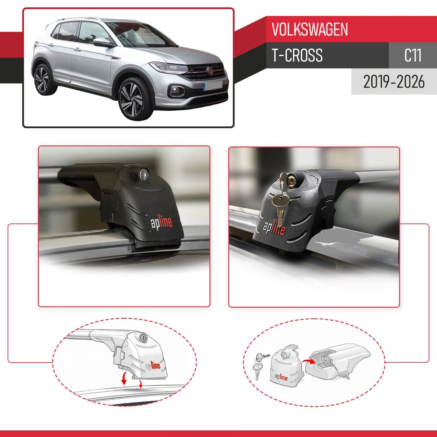 Compatible avec Volkswagen T-Cross (C11) 2019-2026 ACE-2 modèle Barres de Toit Railing Porte-Bagages de Voiture Gris Aluminium Barres